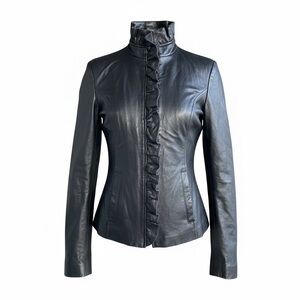 DKNY Black Lambskin Leather Motorcycle Jacket XS Ruffled Collar Biker Zip Front